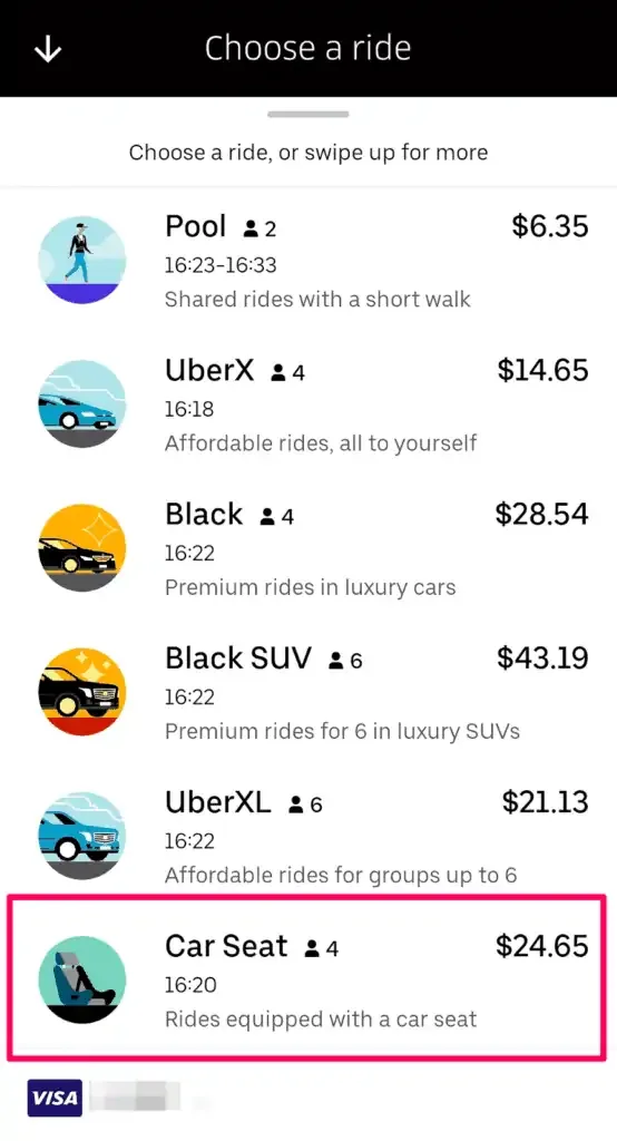 Uber Car Seat app feature